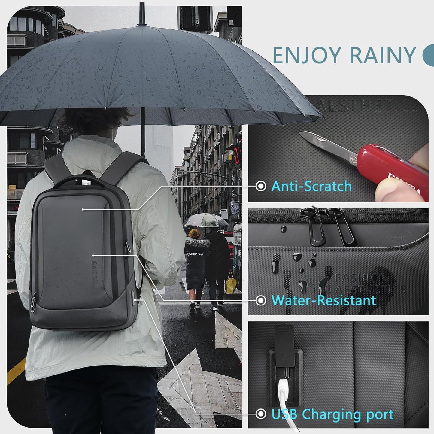 hk Laptop Backpack for Men with USB Charging Port Water-Resistant for 15.6 Inch Computer Bag