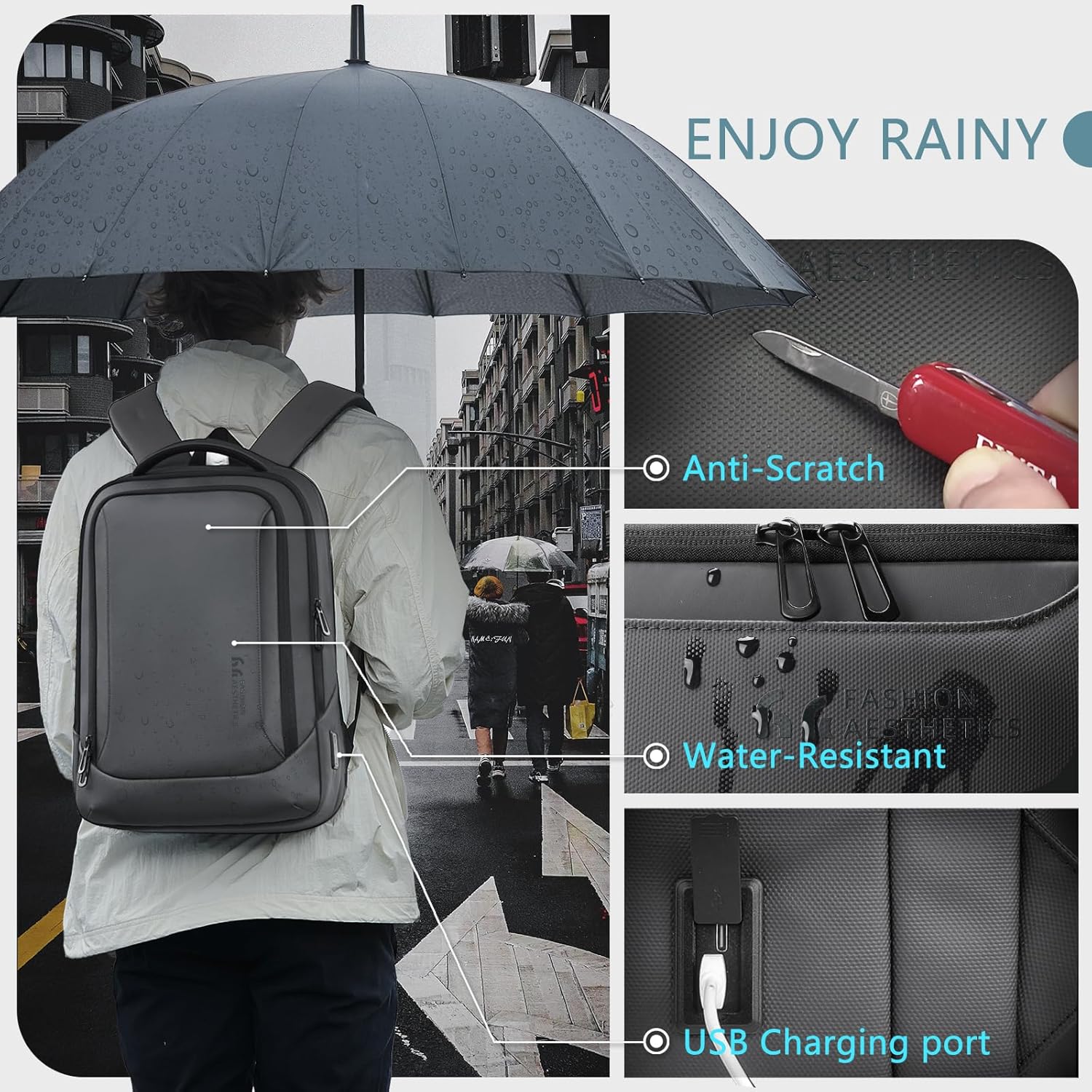 hk Laptop Backpack for Men with USB Charging Port Water-Resistant for 15.6 Inch Computer Bag