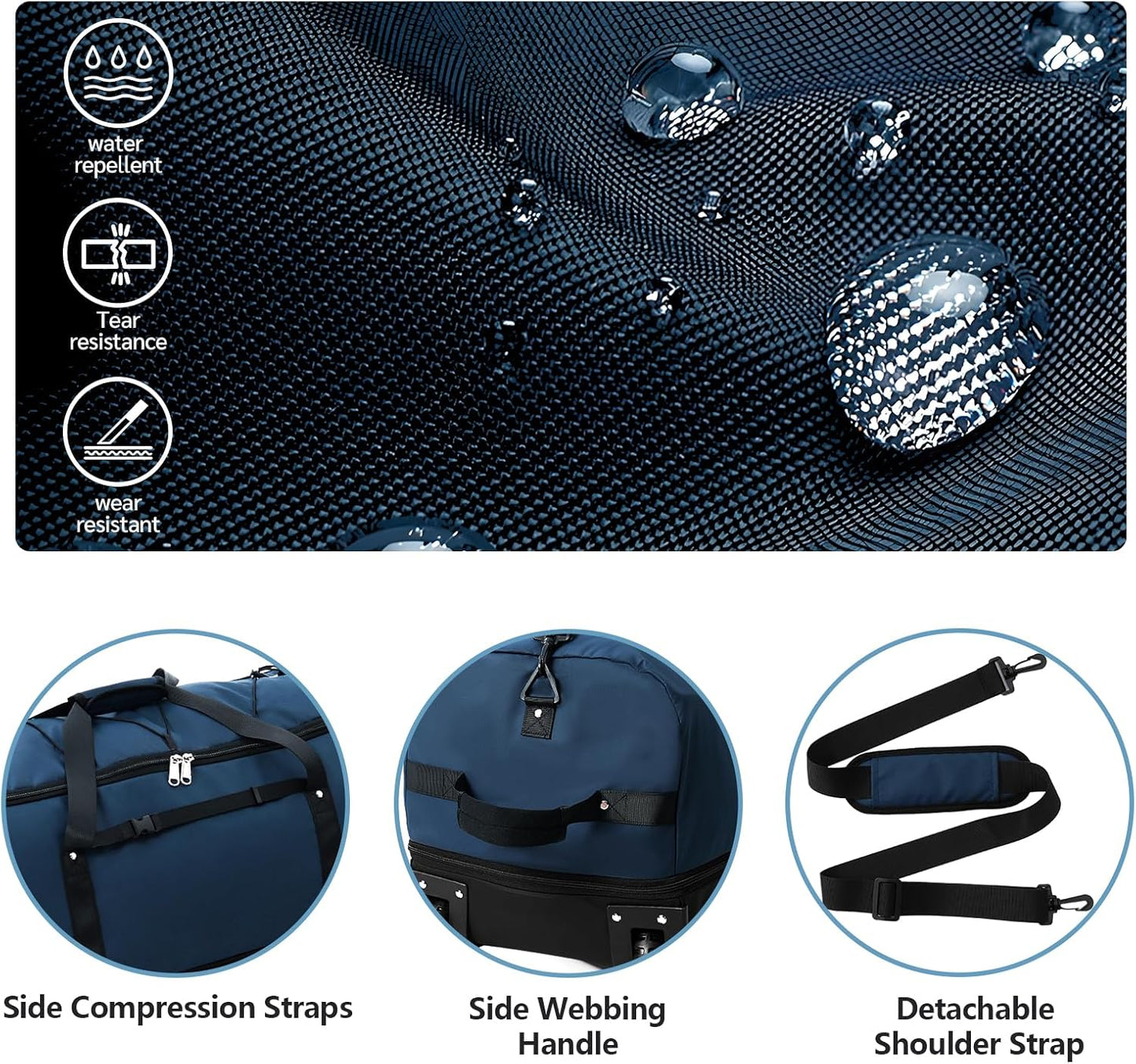 32” 1680D Oxford Foldable Duffle Bag with 2 Wheels,110L to 140L Expandable Soft Sided Rolling Travel Bag,Navy