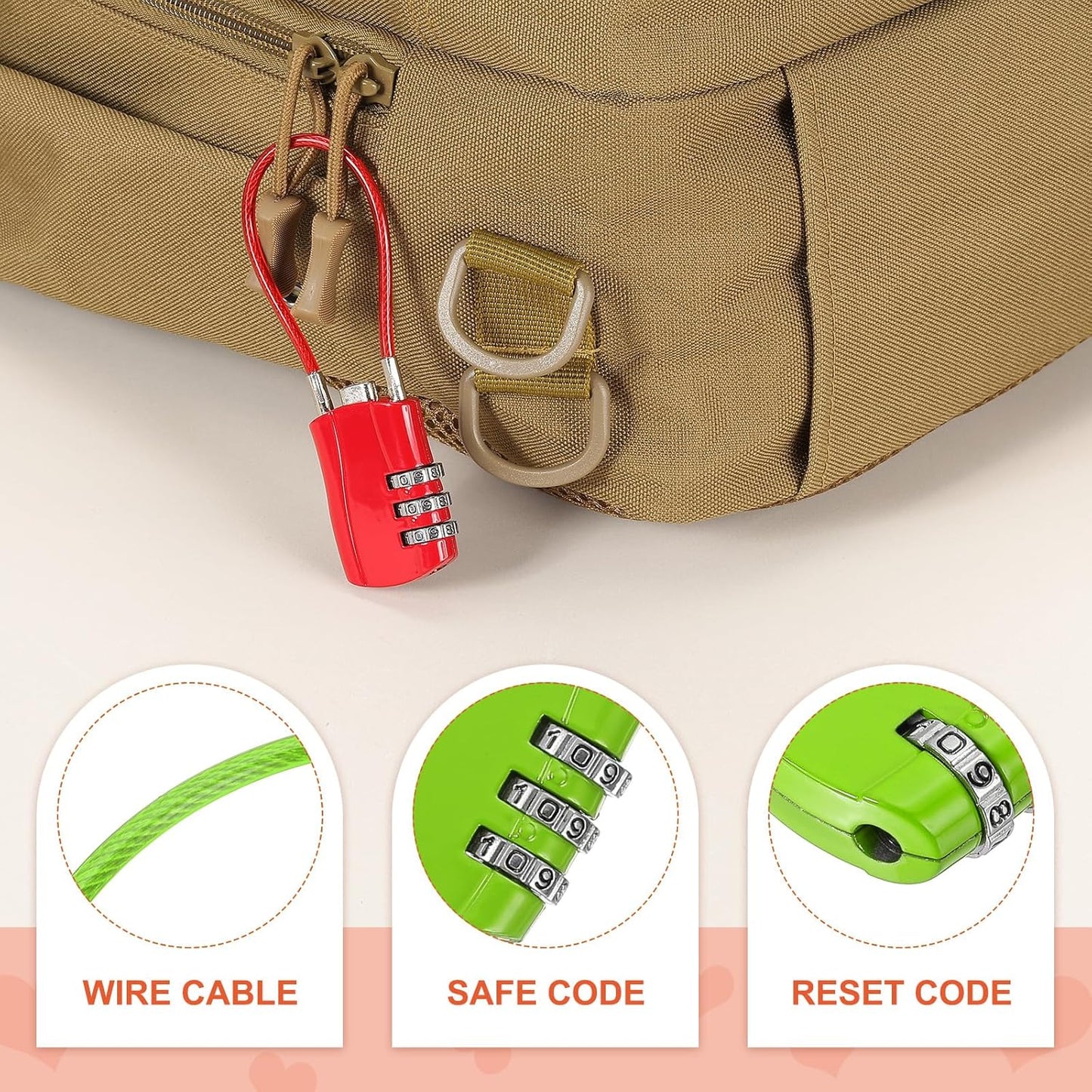 MECCANIXITY 2 Pcs Luggage Travel Lock, 3 Digit Cable Combination Lock 1-3/16" Width Body with 5"
