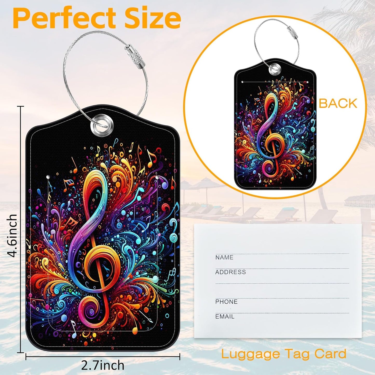 3 Pack PU Luggage Tags for Suitcase, Colorful Music Notes Suitcase Tag Leather Privacy Cover ID Label with Stainless Steel Loop for Baggage Handbag School Bag Backpack