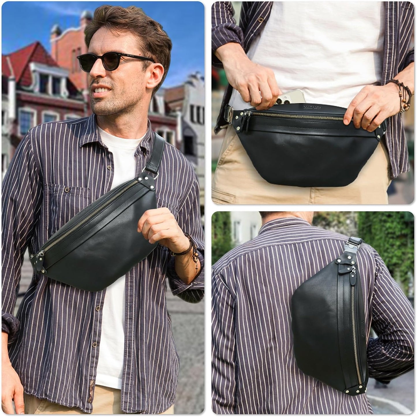 Top Grain Genuine Leather Large Size Fanny Pack for Man & Woman, Minimalist Vintage Design, Handmade with Detachable Hardware, Slim Waist Pack Large Crossbody Belt Bag for Traveling or Riding, Black