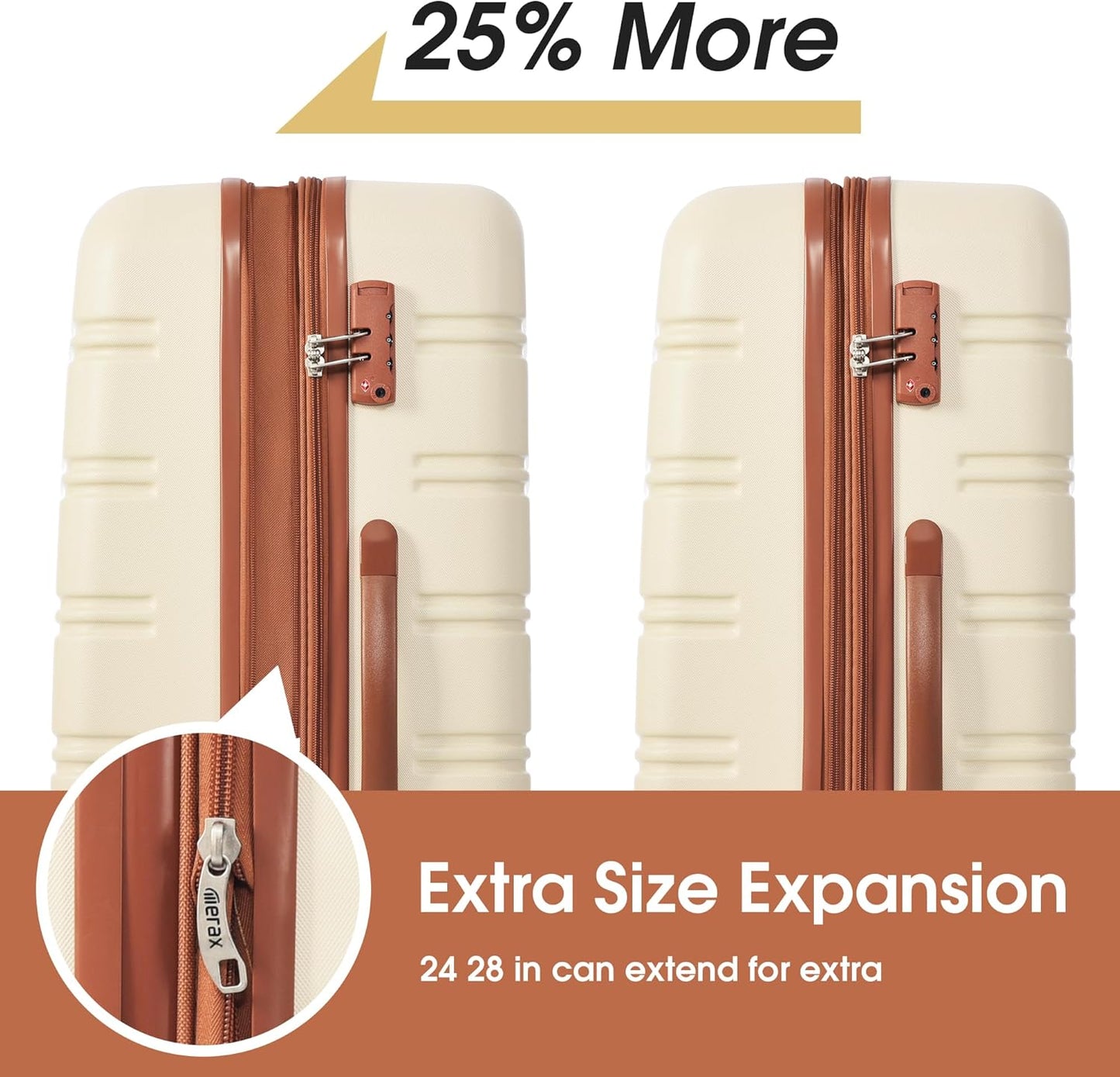 Merax Luggage Sets Carry on Suitcase Airline Approved,Hard Case Expandable Spinner Wheels, White and Brown, 3-Piece Set (20+28IN+Bag)