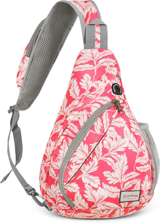 ZOMAKE Sling Bag,Small Crossbody Sling Backpack,Water Resistant Shoulder Daypack for Travel,Anti Thief Chest Bag for Hiking(Fushcia White Leaf)