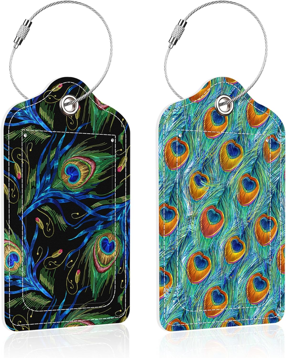 2 Pack Green Peacock Feather Luggage Tag for Suitcase,Peacock Feathers PU Leather Suitcase Tags Identifiers with Privacy Name Address Labels and Steel Loop for Women Men Travel