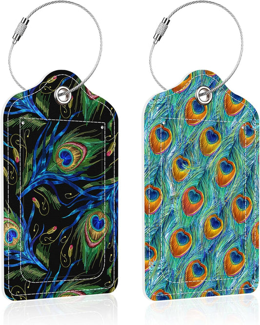 2 Pack Green Peacock Feather Luggage Tag for Suitcase,Peacock Feathers PU Leather Suitcase Tags Identifiers with Privacy Name Address Labels and Steel Loop for Women Men Travel