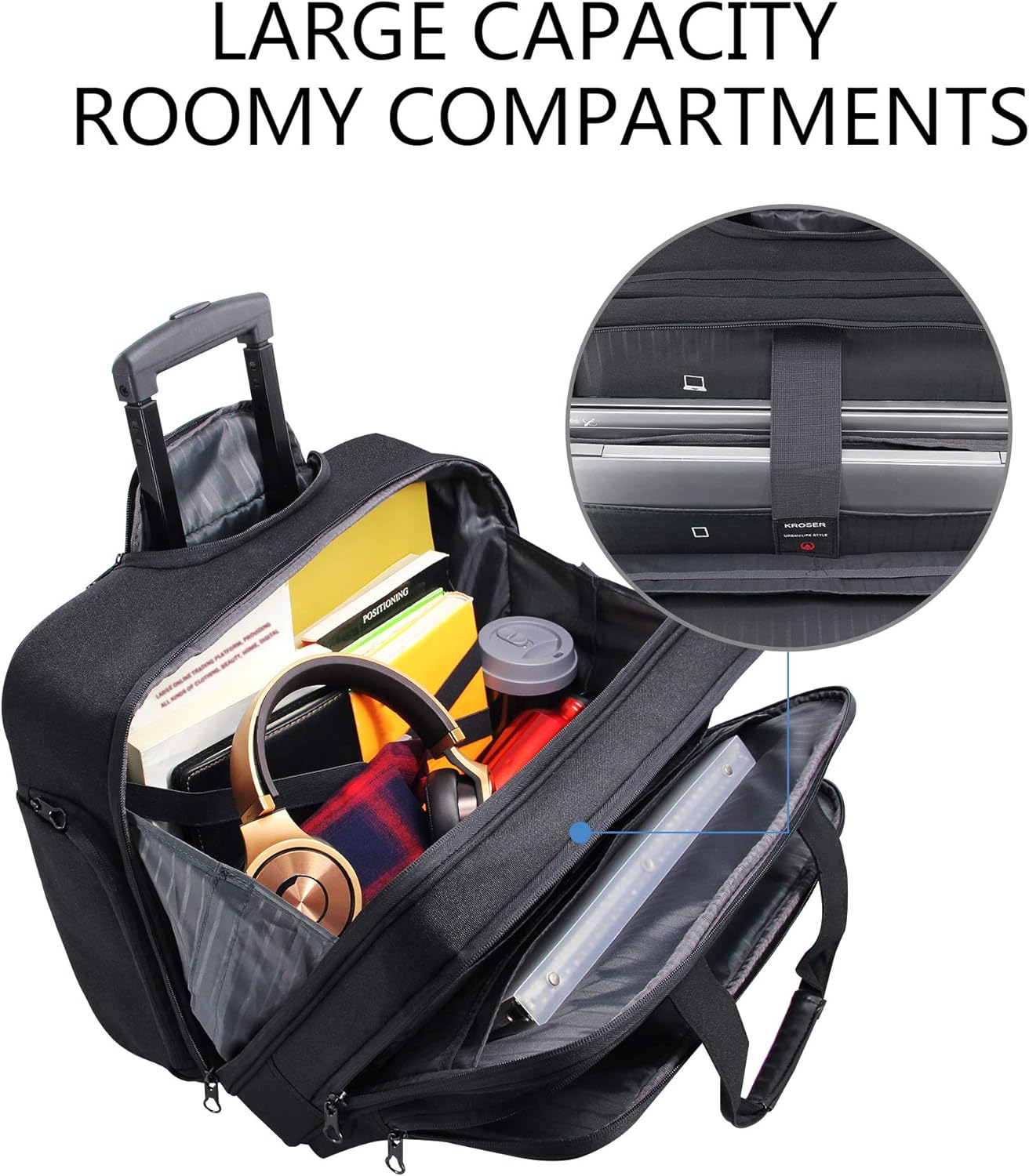 KROSER Rolling Laptop Bag Premium Wheeled Briefcase Fits Up to 17.3 Inch Laptop Overnight Roller Case Computer Bag with RFID Pockets for Travel/Business/Men/Women-Black