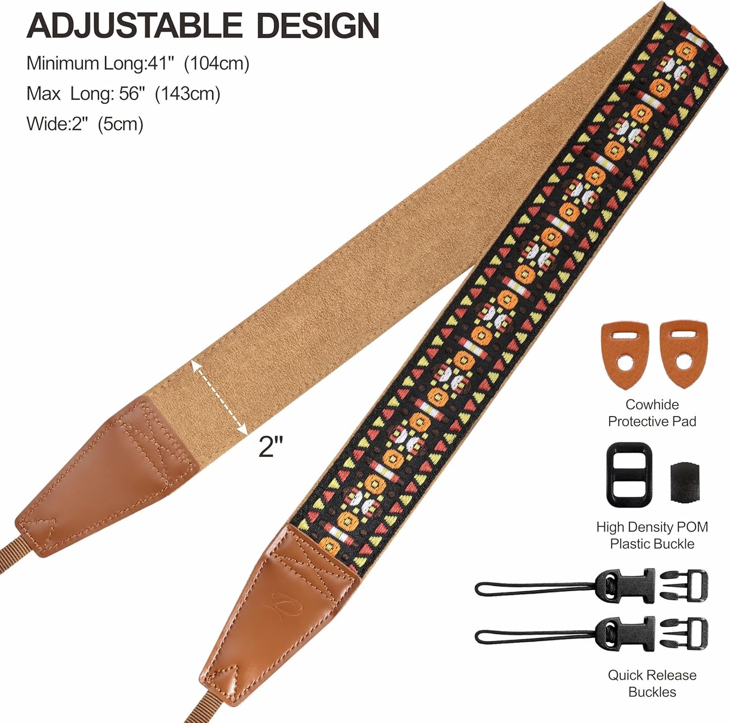 Padwa Lifestyle Camera Strap - 2" Full Grain Leather Ends Camera Straps for Photographers, Vintage Embroidered Cotton Weave Soft Suede Fabric Padded Strap Quick Release fits All Cameras