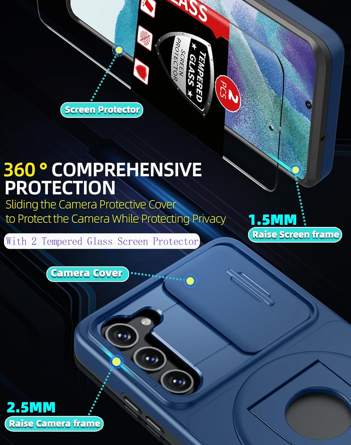 for Samsung Galaxy s21 FE Case Magnetic Compatible with MagSafe Wireless Charging,with 2 Screen Protectors,Built-in Stand Ring+Camera Cover Anti-Scratch Shockproof Heavy Duty Protection Blue