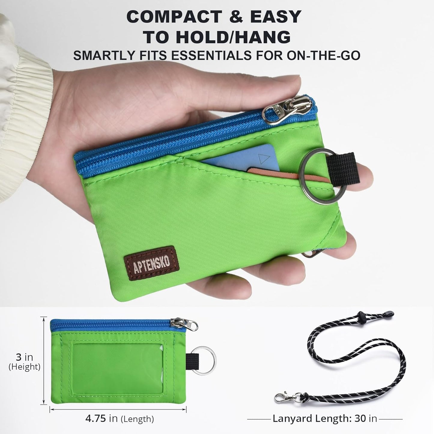 RFID Travel Wallet with Adjustable Lanyard-Zipper Small Wallet with ID Card Holder, Keychain for women&men-Minimalist Slim Waterproof Nylon case for ID, Cash, Key (Green)