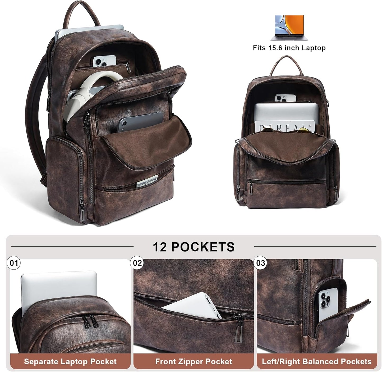 Computer Backpack for Women Soft Leather Back pack with 15.6 inch Laptop Compartment, Designer Ladies Travel Backpack, Coffee