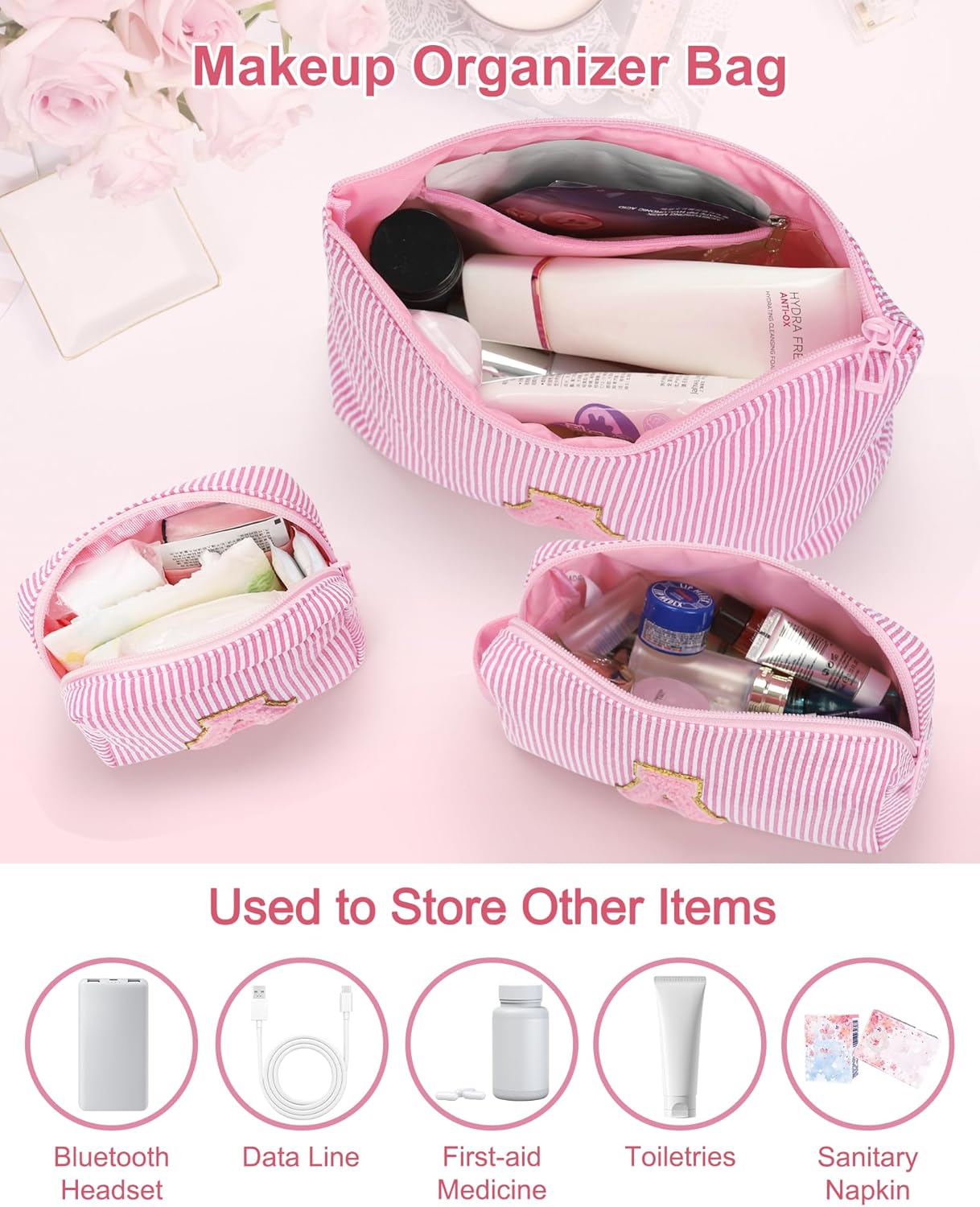 MONSTINA Mom Gifts for Mom, Personalized Initial Makeup Bag Cosmetic Bags for Women Cute|Makeup Pouch Birthday Gifts for Mother,Birthday Gift for Her Cute Toiletry Bag,3PCS Pink M