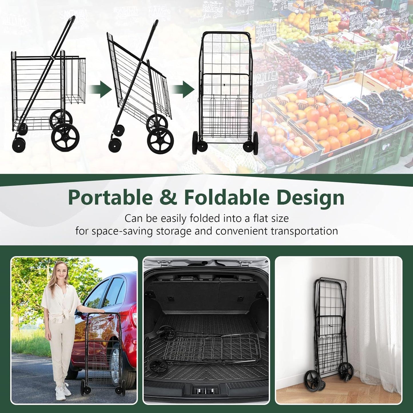 Goplus Jumbo Folding Shopping Cart with Rolling Swivel Wheels, Foldable Grocery Cart on Wheels with Double Basket, Heavy Duty Utility Cart, Shopping Carts for Groceries Laundry Book Luggage Travel