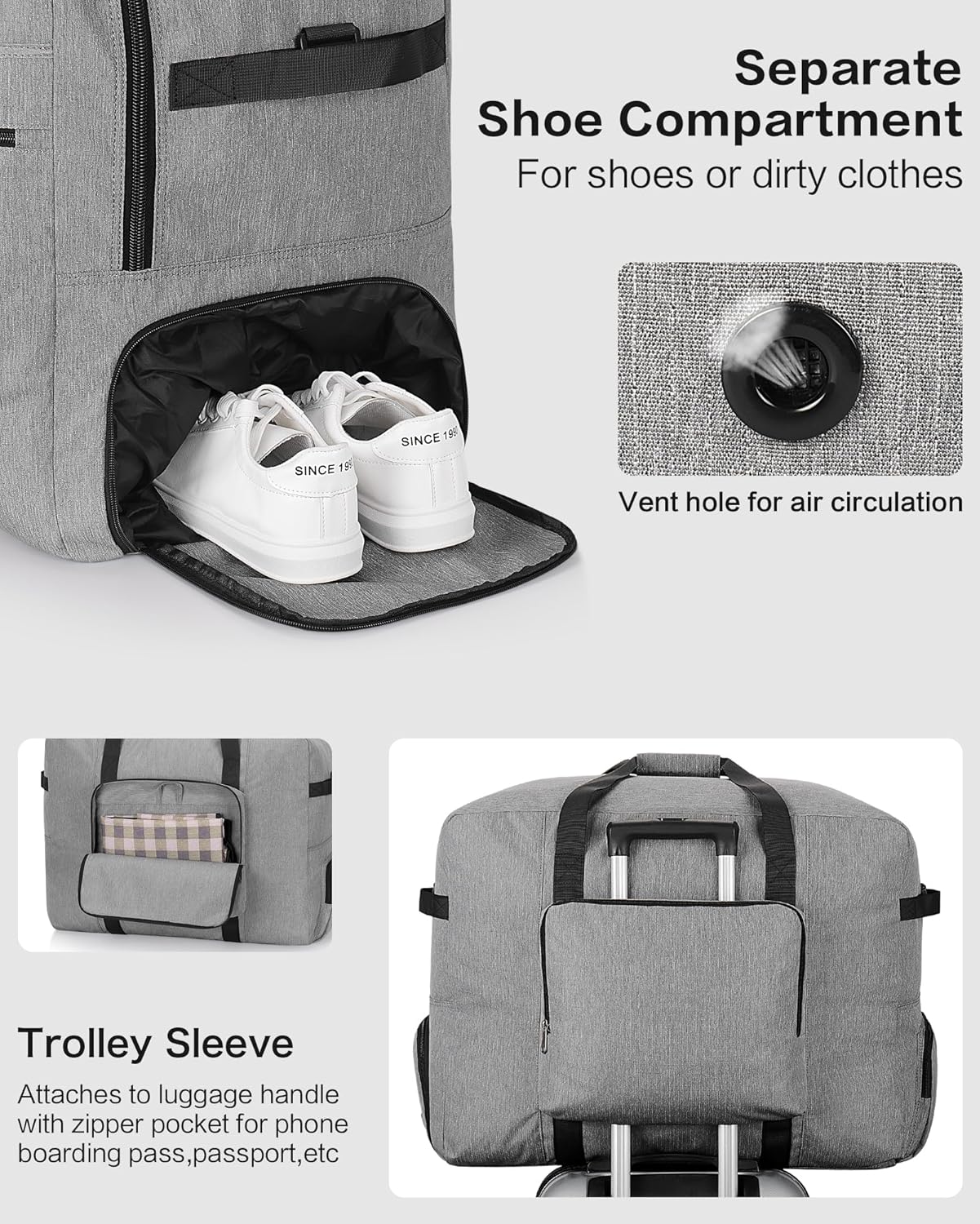80L Foldable Large Travel Duffle Bag for Men and Women, Packable Duffel Bags with Shoe Compartment, Water Repellent & Tear Resistant (Gray)