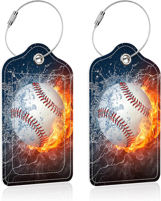 2 Pack Luggage Tag for Suitcase,Baseball PU Leather Suitcase Tags Identifiers with Privacy Name Address Labels and Steel Loop for Women Men Travel
