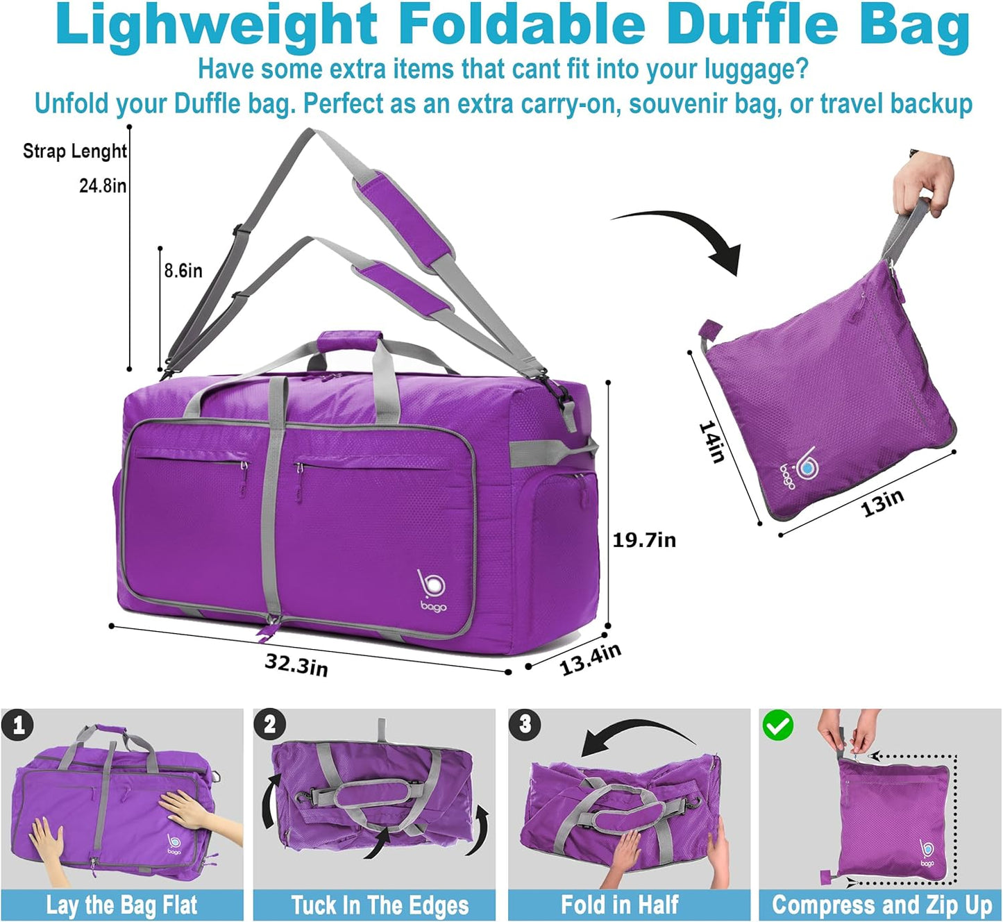 Bago Big XXL Foldable Duffel Bags for Traveling Women & Men - 140L Packable Duffle Bag for Travel with Shoe Compartment - Water Repellant, Heavy Duty, Lightweight Folding & Collapsible (Purple)