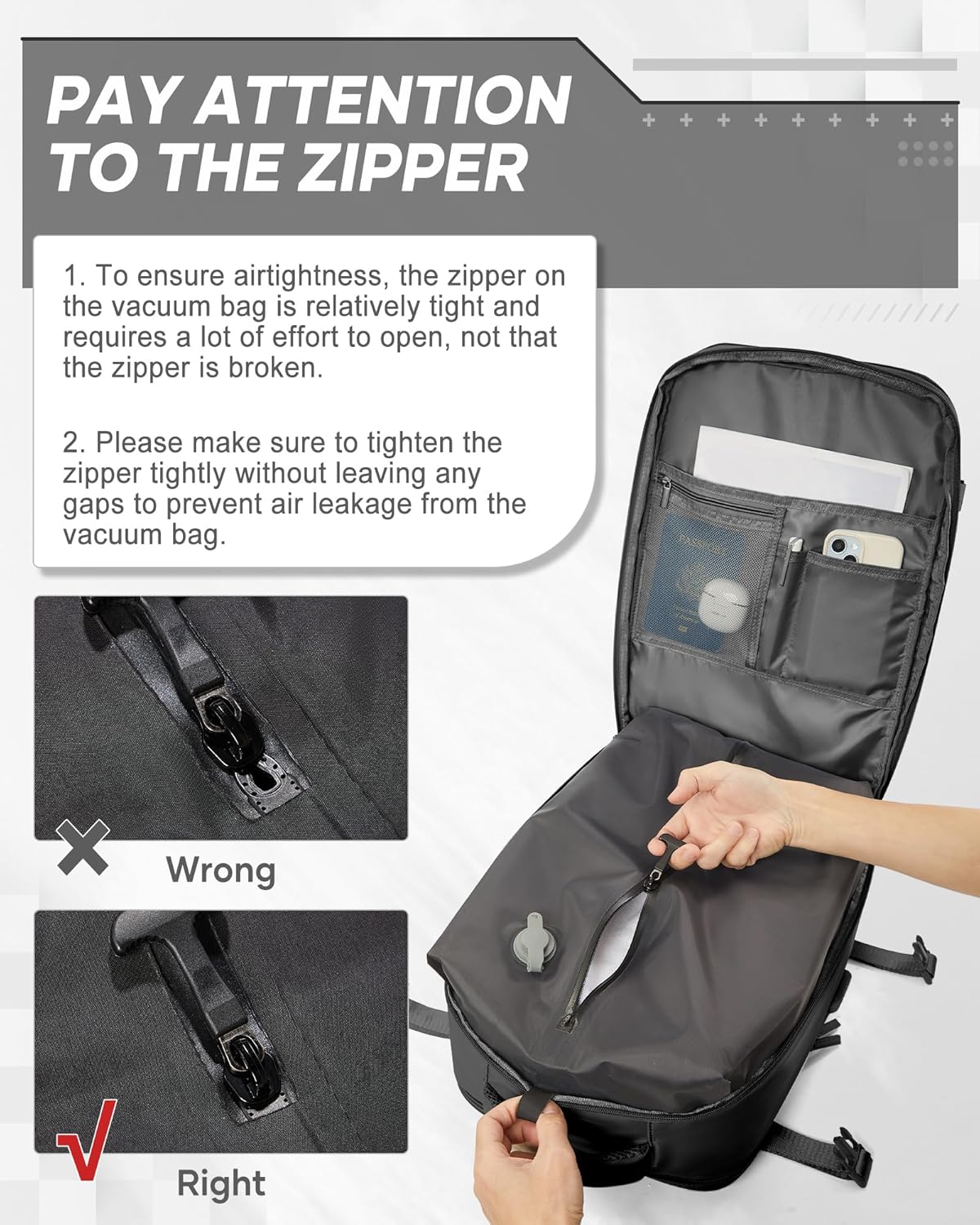 suwasp Vacuum Compression Backpack, 45L Expandable Travel Backpack with Electric Vacpack Pump