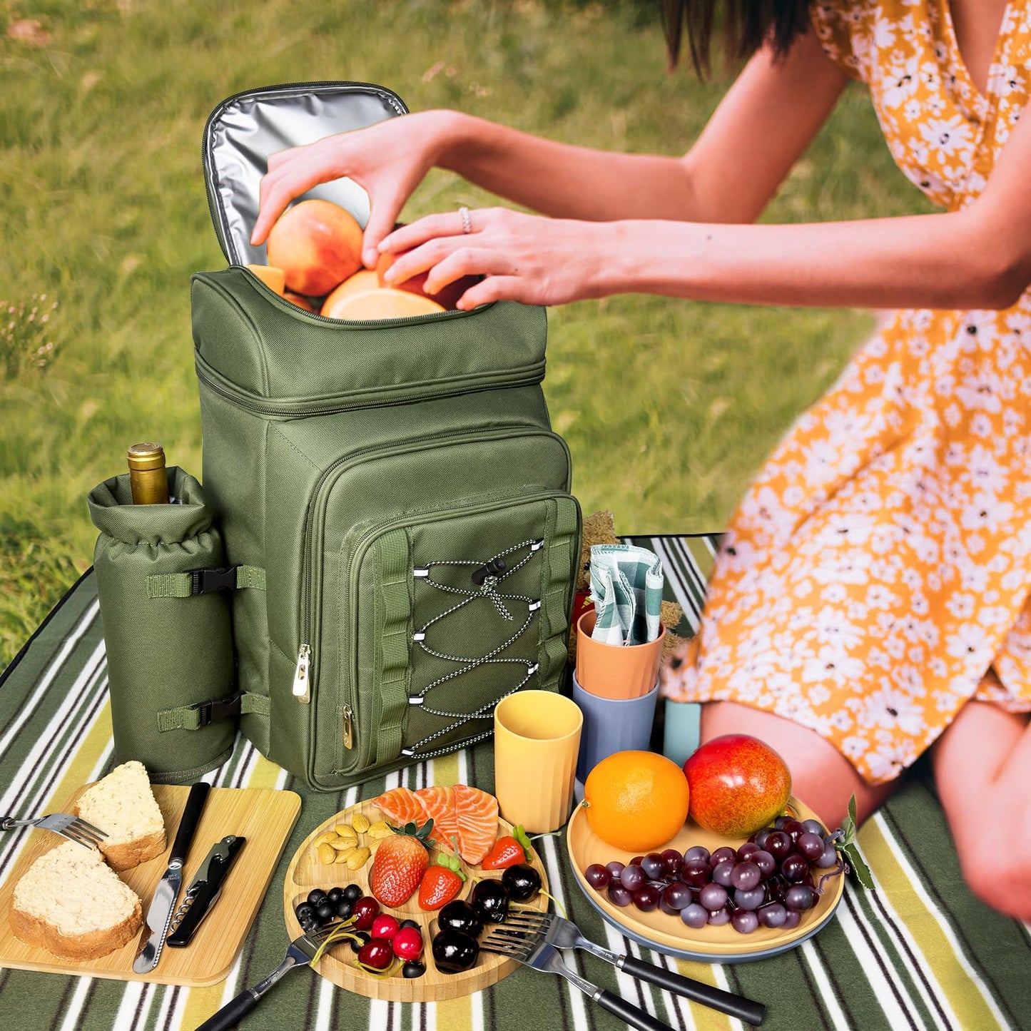 Hap Tim Picnic Basket Backpack for 4 Person with Blanket, Insulated Leakproof Cooler Compartment