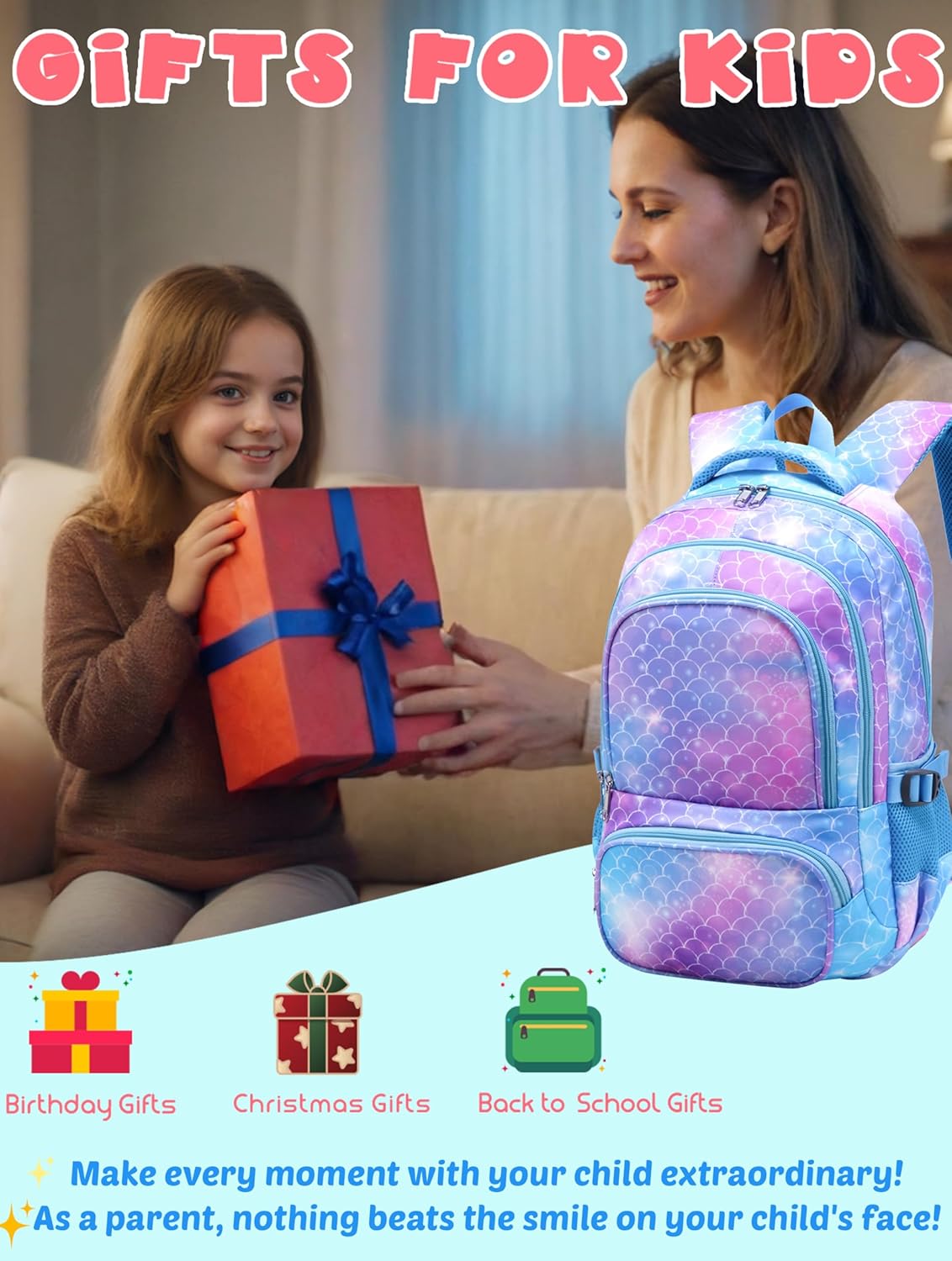 BLUEFAIRY Kids Backpacks for Boys Girls Elementary Primary Middle School Bookbags Back to School Bags for Childs Age 6-8 Mochilas Escolares para Niños Niñas 17 Inch Mermaid Sky Blue
