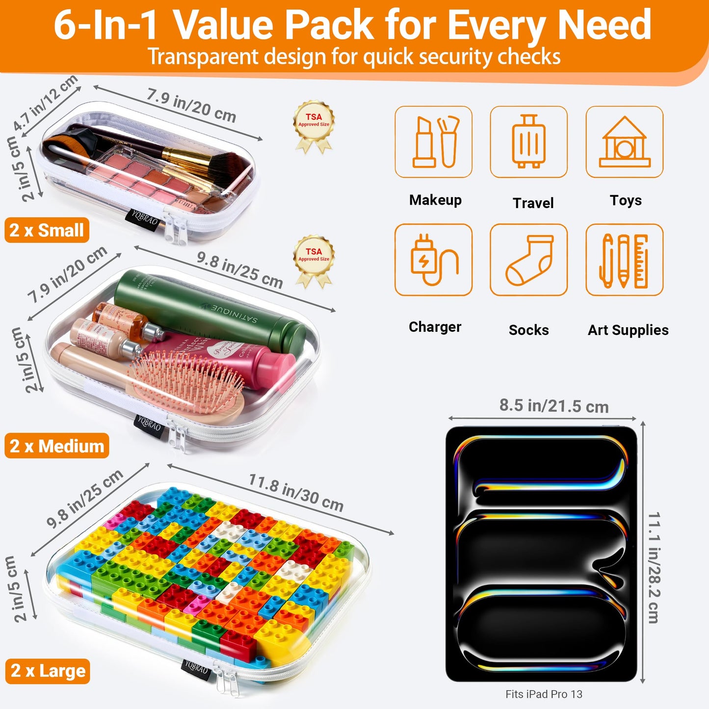 YQBRAO Clear Hard Shell Zipper Cases, 6 Multi-Size Organizers, White