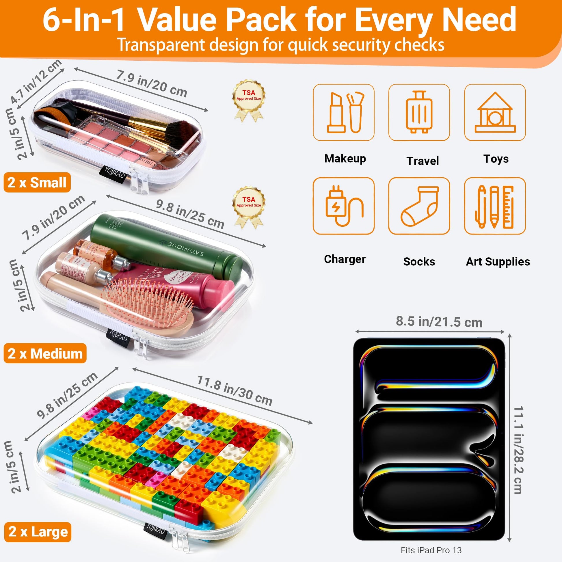 YQBRAO Clear Hard Shell Zipper Cases, 6 Multi-Size Organizers, White