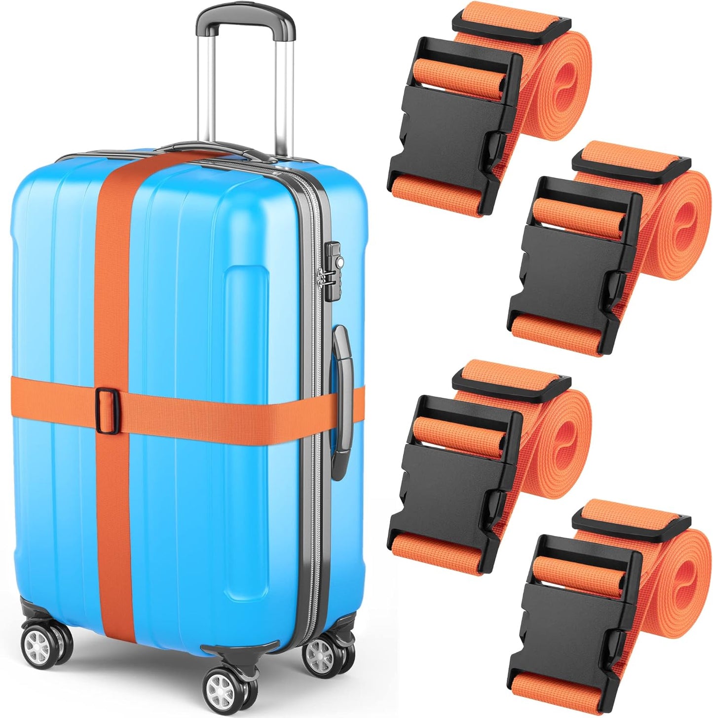 Luggage Straps - Orange, 78" Long, 2 Inches Wide, 4 Pack - Adjustable Nylon Belt for Travel Suitcases & Bags - by Mifflin-USA