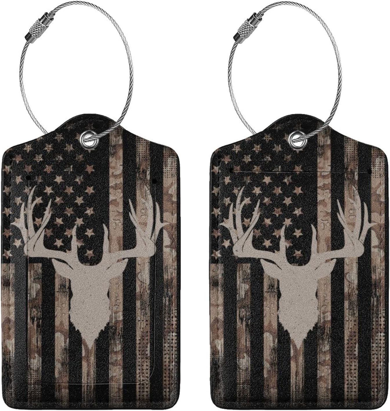Camo Deer Hunting 2 Pcs Luggage Tags, Privacy Cover Id Label with Stainless Steel Loop and Address Card for Suitcases & Travel Bags