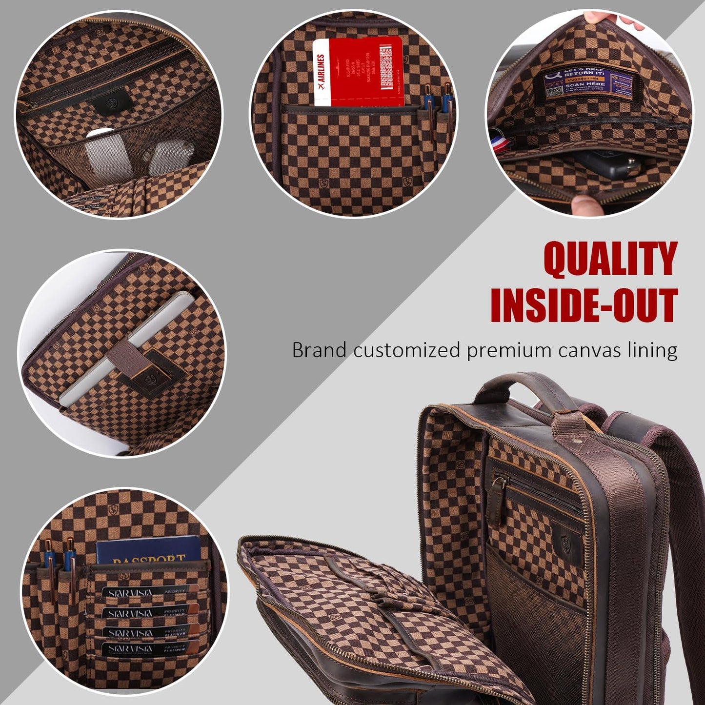 STAR VISTA Antonio 17.3" Vintage Full Grain Leather Laptop Backpack for Men, Multi Pockets, Casual Outdoor Business Travel Rucksack, YKK Zippers, Dark Brown