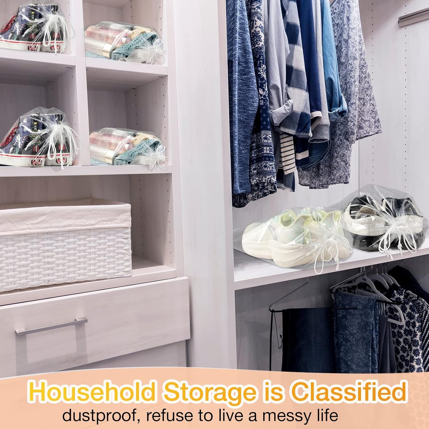 Thenshop 100 Pieces Plastic Shoe Bags for Travel Large Clear Drawstring Bags 12 x 16 Inch Travel Shoe Organizers Thick Waterproof Storage Portable Pouch with Rope for Slipper Men Women