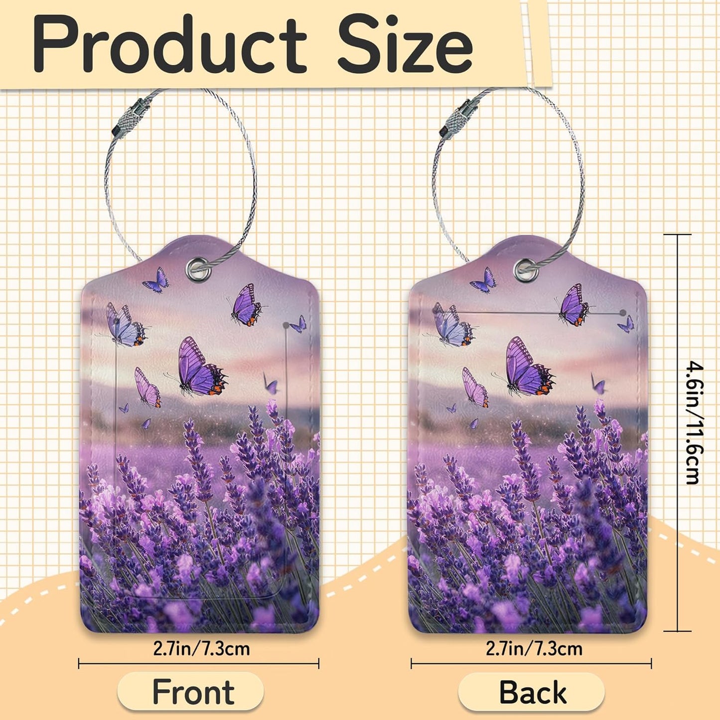 3 Pack PU Lavender Butterfly Leahter Luggage Tag with Stainless Steel Loop,Travel Suitcase Labels with Privacy Cover ID Label Quickly Spot for Bags