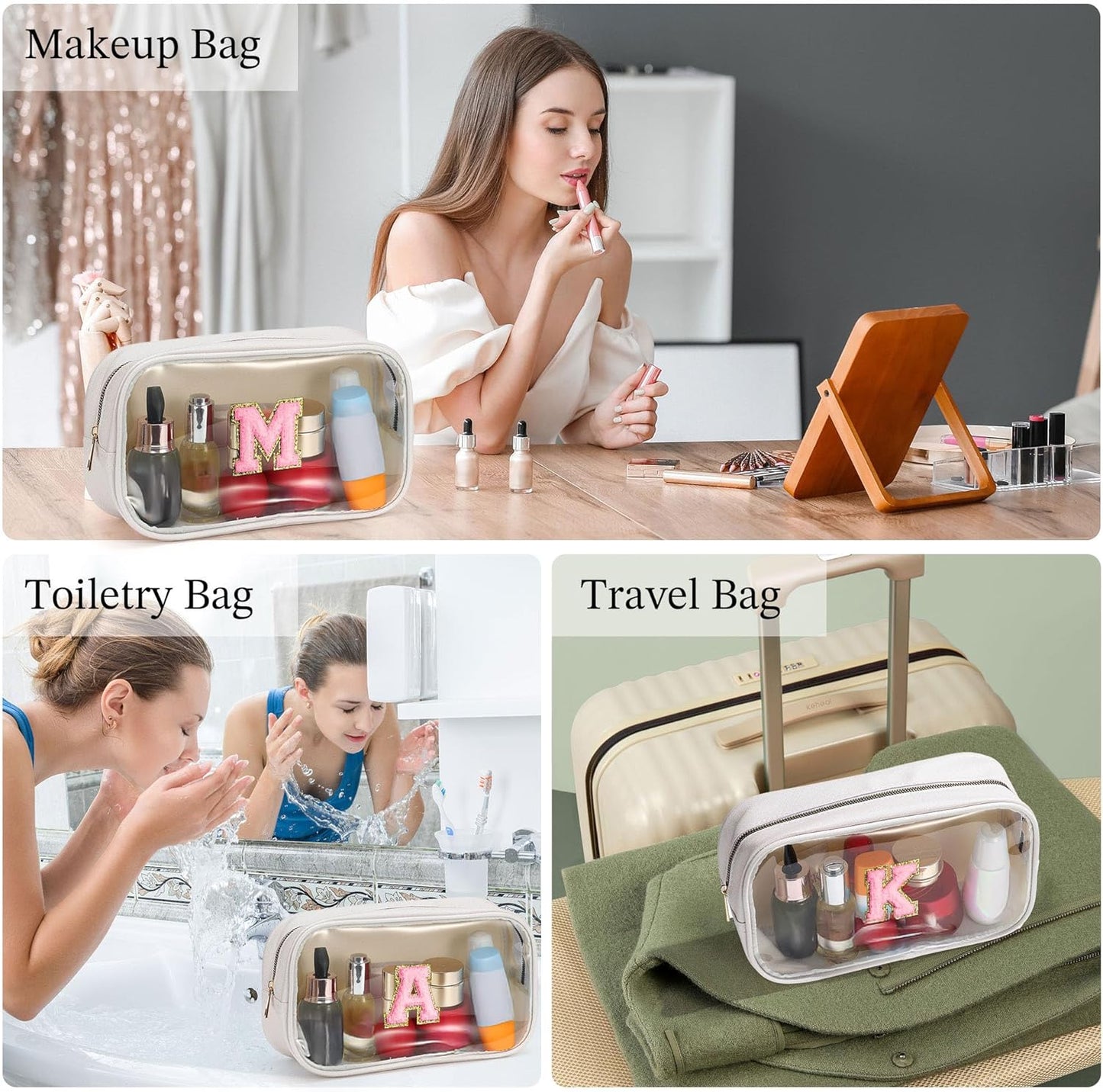 YOOLIFE Initial Make Up Bag Travel Toiletry Bag, Clear Makeup Bag Preppy Cosmetic Bag Clear Makeup