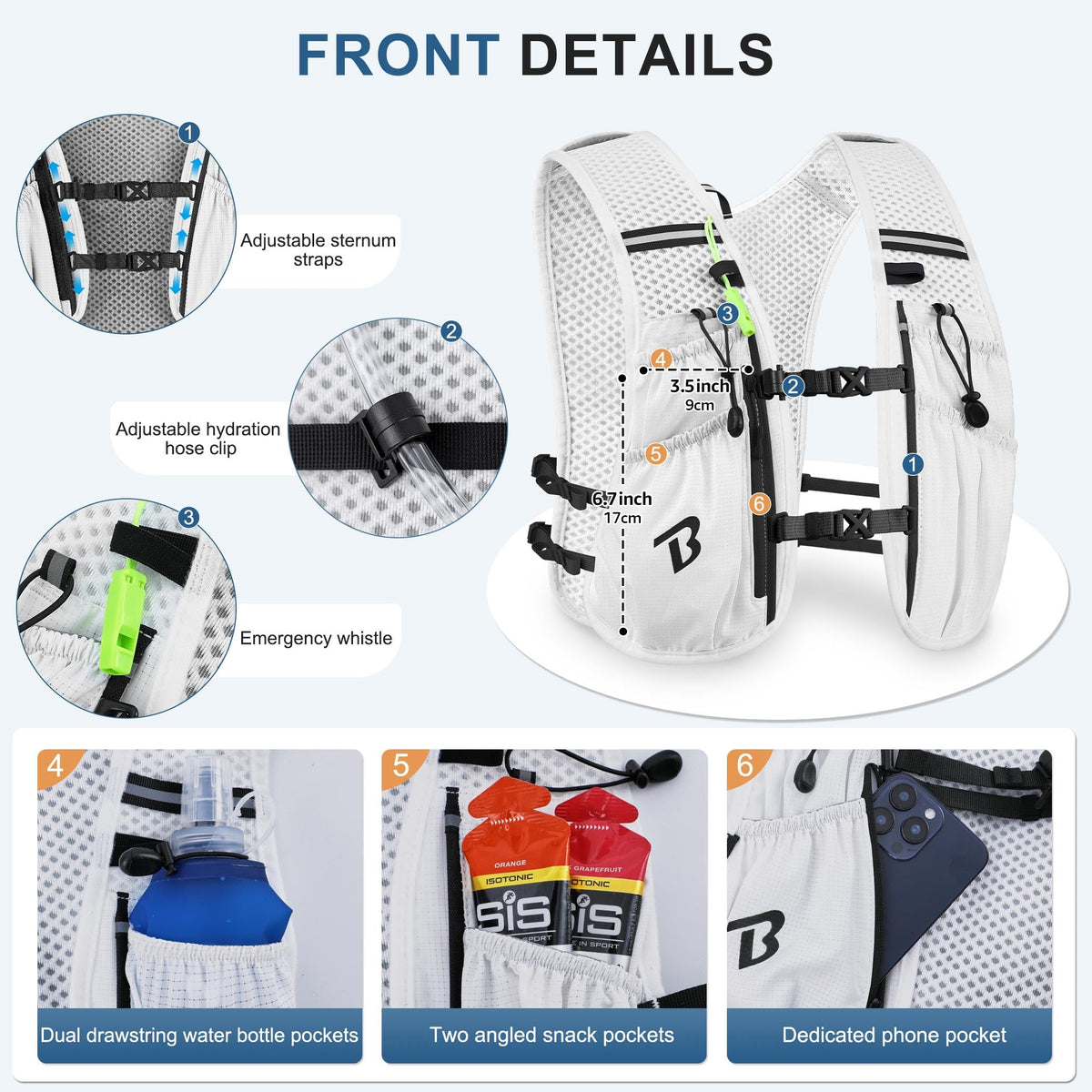 BECOJADDE Running Vest Hydration Backpack with Two 500ML Soft Water Bottles for Men Women, 5L