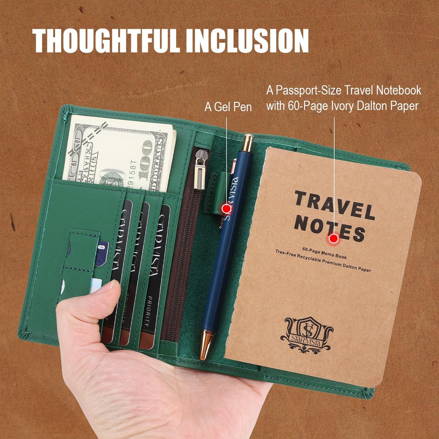 STAR VISTA Phoenix Leather Passport Holder, Calfskin Leather Travel Wallet - RFID Blocking, ID Window, Zipper Pocket, Pen & Notebook Included, AirTag Holder, Mint
