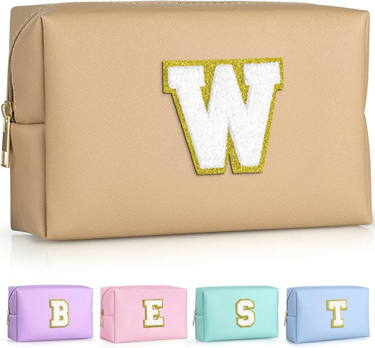 TOPEAST Initial Makeup Bags for Women, Cute Makeup Pouch, Waterproof Travel Toiletry Bag, Personalized Gifts for Girlfriend Wife on Valentine's Day Anniversary, Preppy Stuff Gift for Girl (Khaki W)