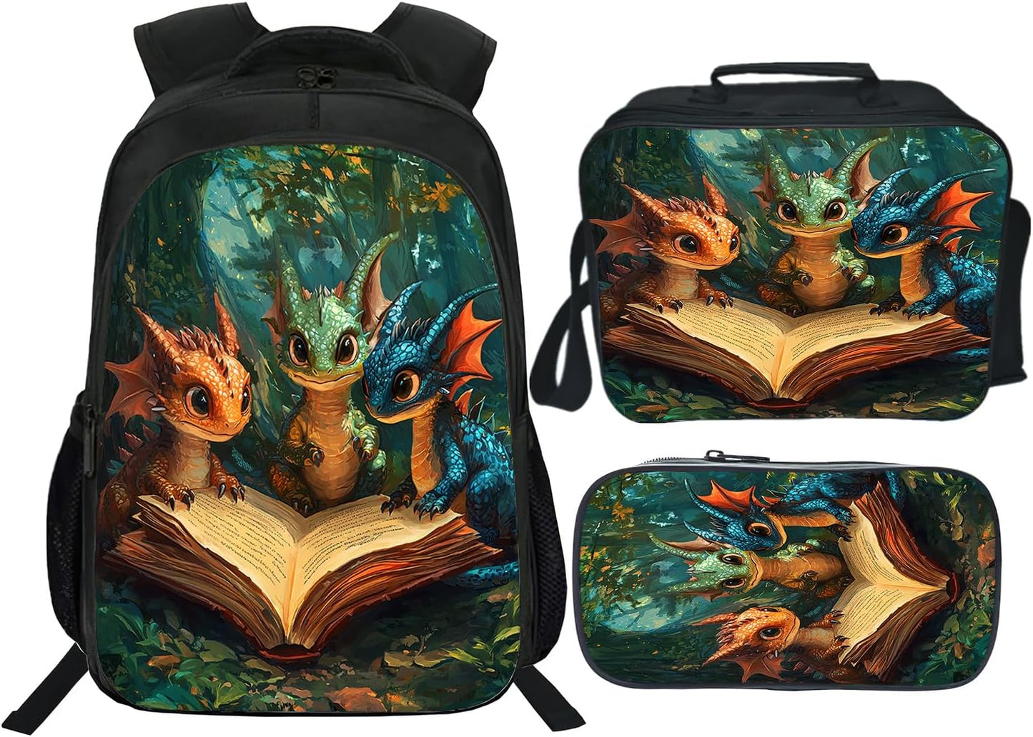 Klymax Dragon Backpack Kids Schoolbag with Lunch Box Bag Pencil Bag 3pcs Bookbag Sets for Boys Girls