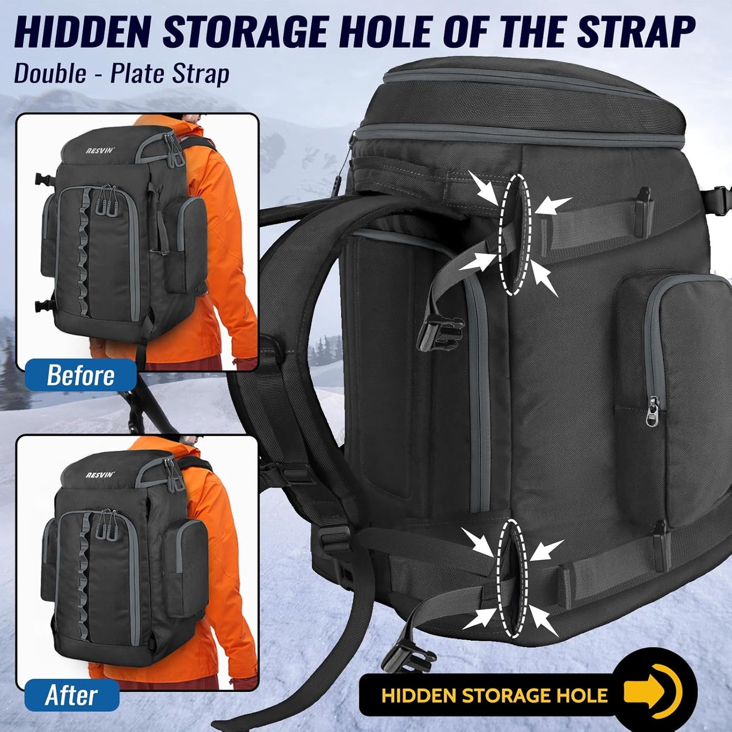 Ski Boot Bag, 65L Waterproof Ski Bag Ski Boot Bag Backpack 1680D Nylon for, Skis Snowboard & Accessories