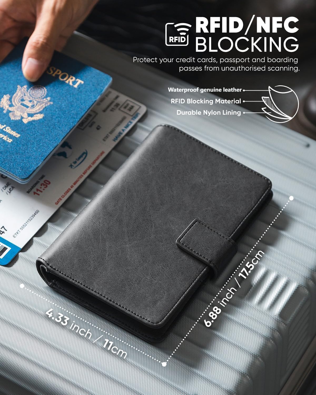 Real Leather Wallet Airtag Compatible RFID Bifold Travel Card Holder Black (Black)