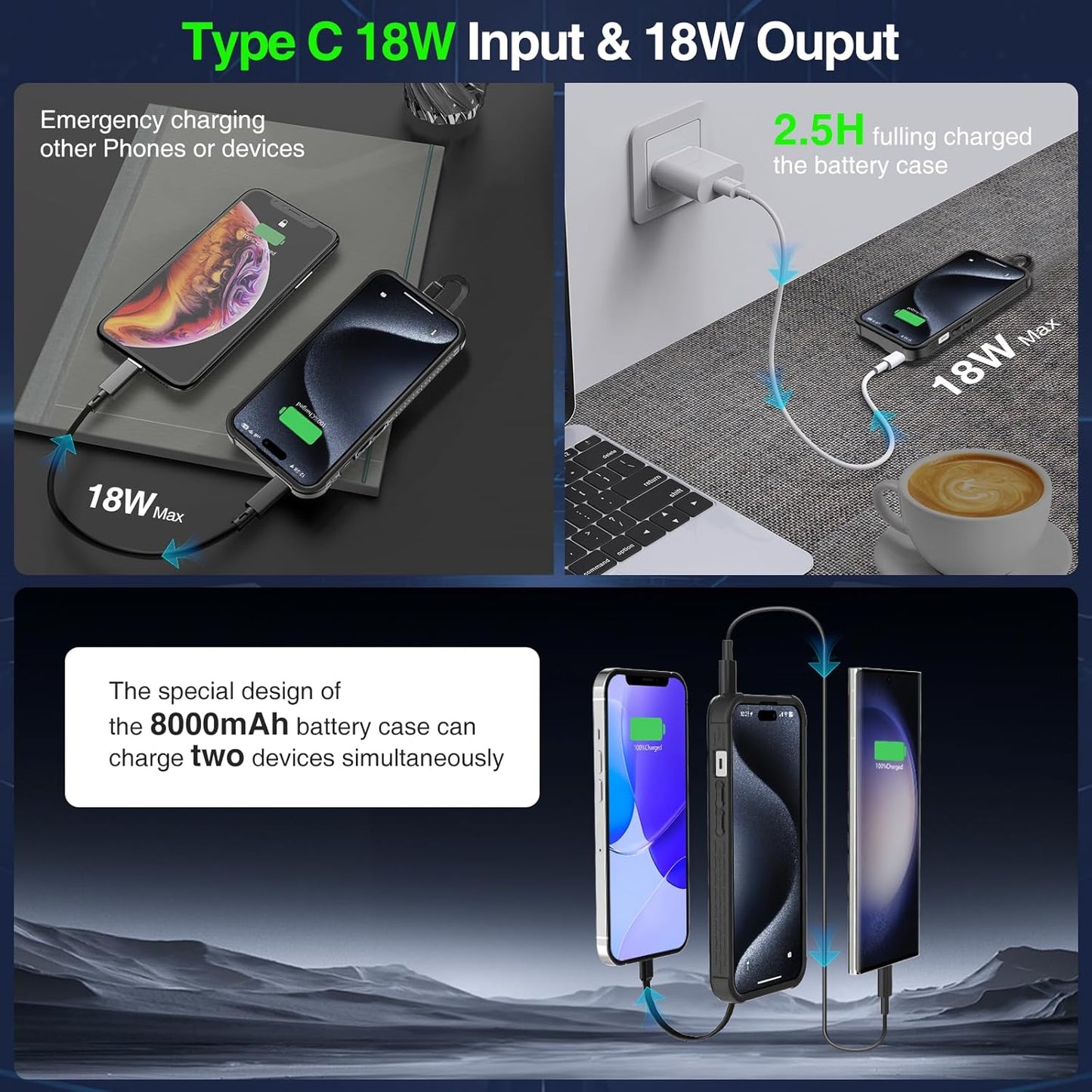 GIN FOXI Fast Charging Battery Case for iPhone 15 Pro Max/15 Plus, 8000mAh 15W Ultra Slim Charger Case Rechargeable Portable Extended Power Bank Case Cover Battery Pack Built-in Cable, Black (6.7”)
