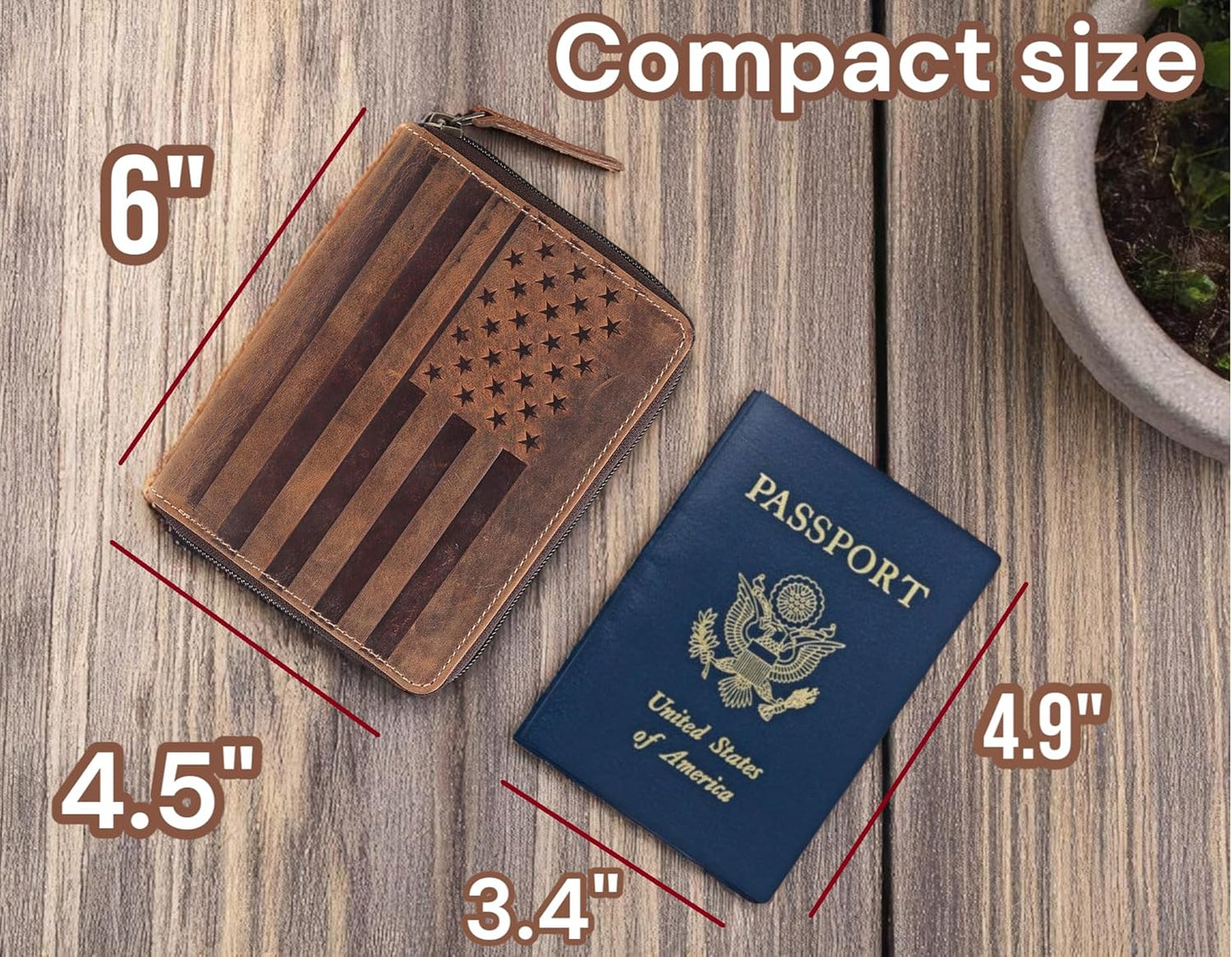 Passport Wallet - Travel Document Holder w/RFID Blocking – Full Grain Leather – Bifold compact zip around Wallet with Credit Card Slots for Women and Men, brown flag, 500-32
