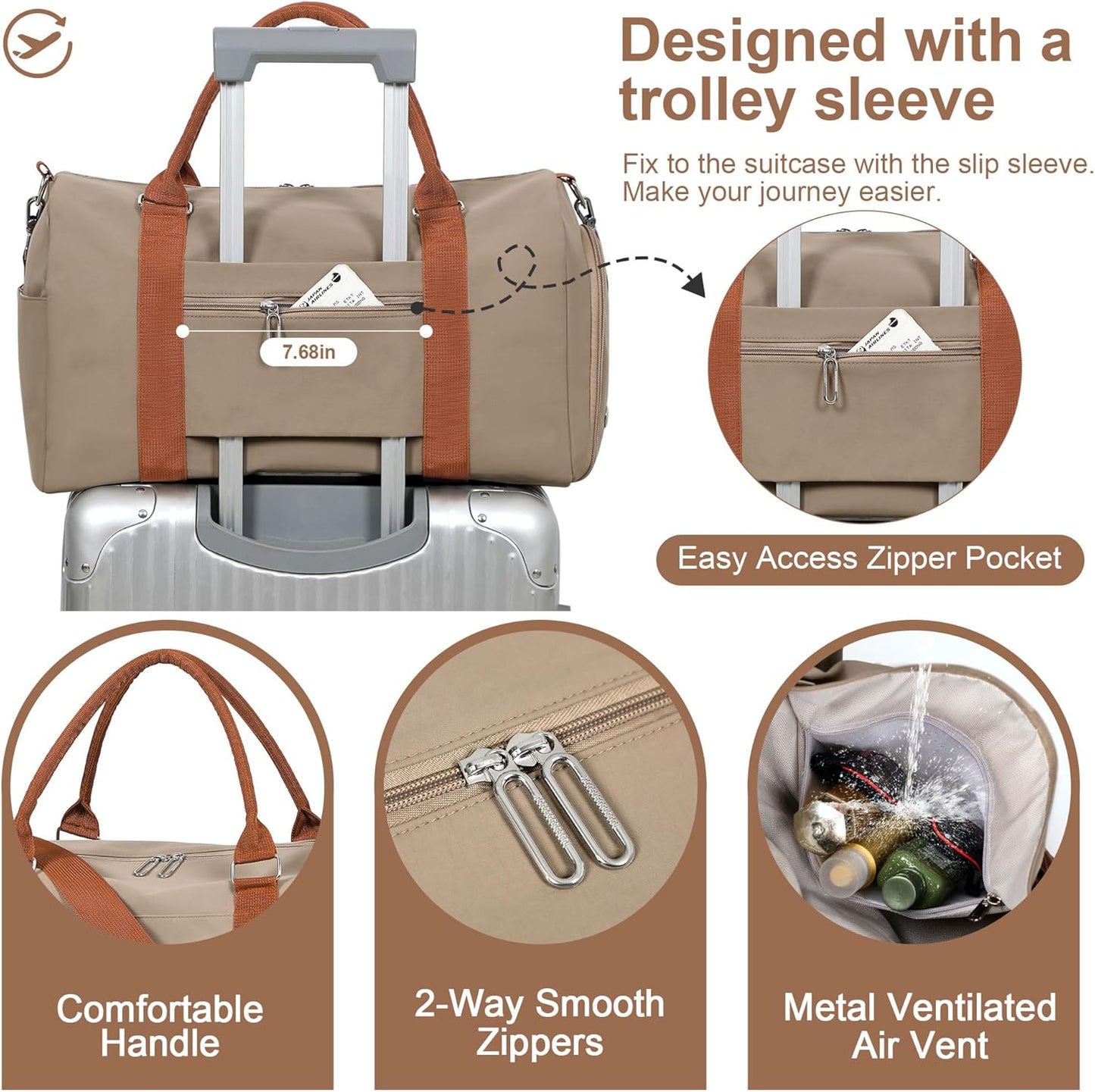 FIORETTO Womens Gym Tote Duffle Weekender Bag with Wet Pocket & Shoe Compartment, Ideal for Travel, Swimming, Dance, Khaki