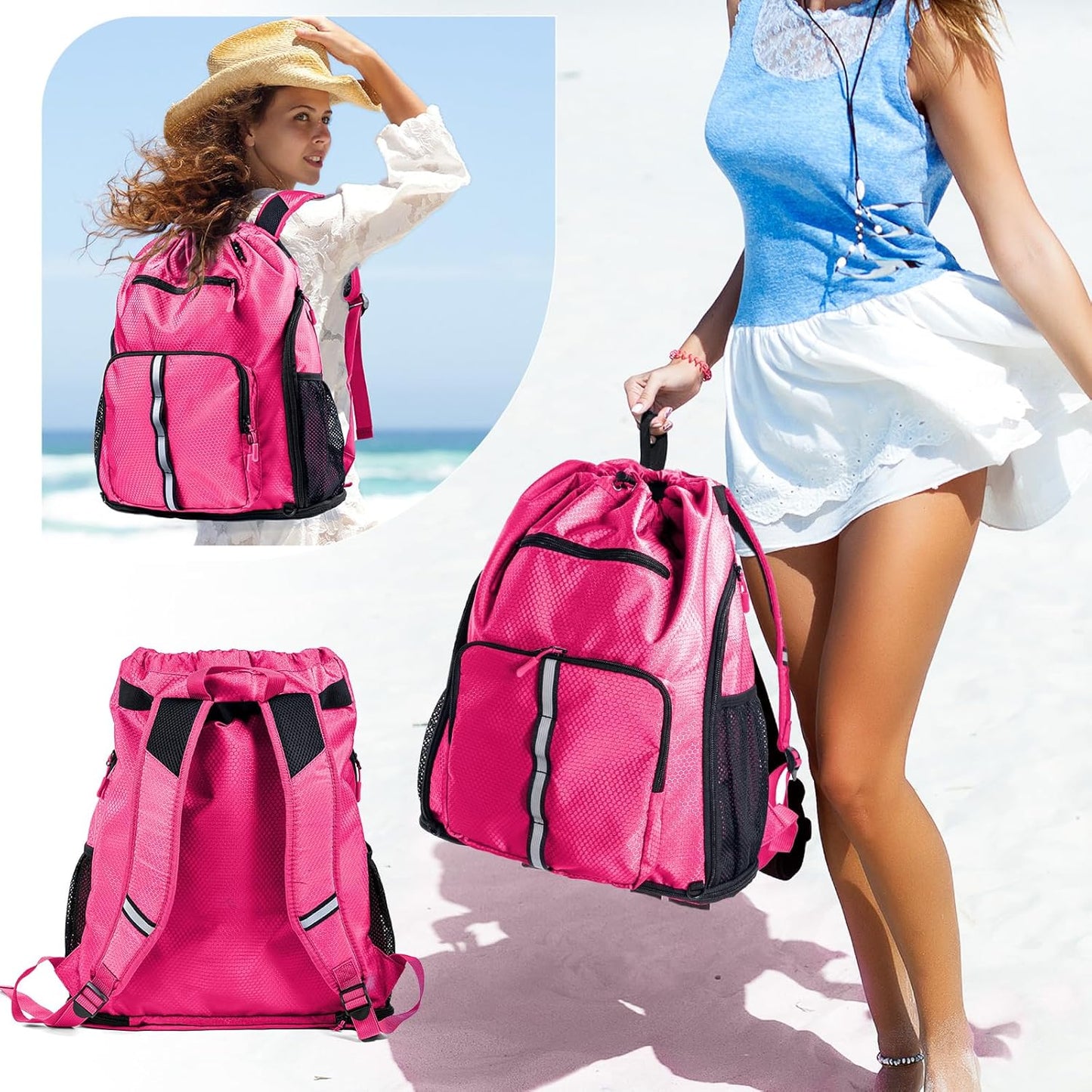 Large Beach Backpack Waterproof Sandproof - Customized Oversized Drawstring Pool Bag with Shoe Compartment for Toiletries, Towels, Gym, Travel