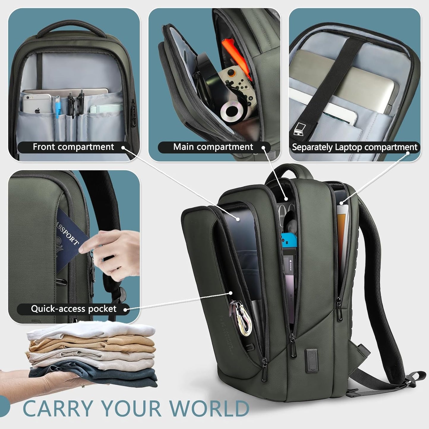 hk Laptop Backpack for Men with USB Charging Port Water-Resistant for 15.6 Inch Computer Bag Durable High-Tech Daypack Casual Backpack for Business Work College Weekender Travel- Green