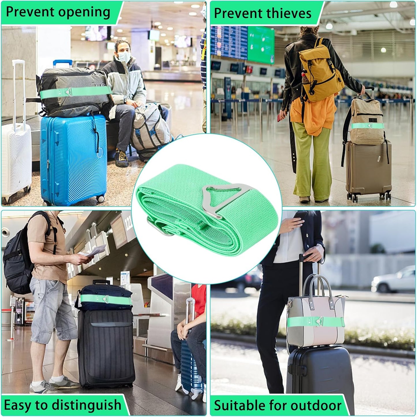 2-in-1 Travel Belt for Luggage, Luggage Straps for Add a Bag Adjustable Suitcase Straps with Alloy Buckle Elastic Bungees Belt Hands-Free for Airport，Personalized Travel Accessories (Green)
