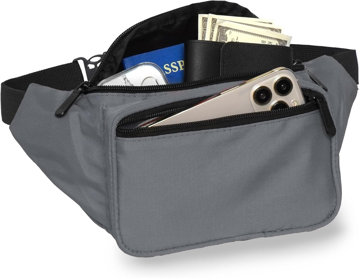 Gray Fanny Pack Belt bag - Crossbody Waist Bag for Men or Women - Hands-Free, Waterproof Large Bumbag for Hiking, Running, and Travel