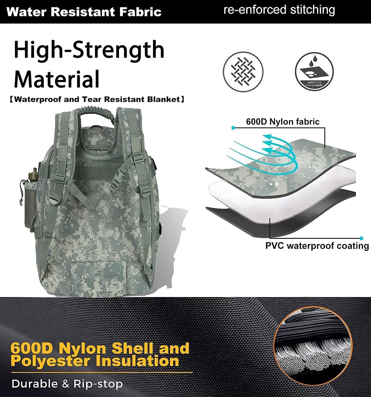 Expandable 40-64L Military Tactical Backpack 3 Day Bag Hiking Gym Sport Camping