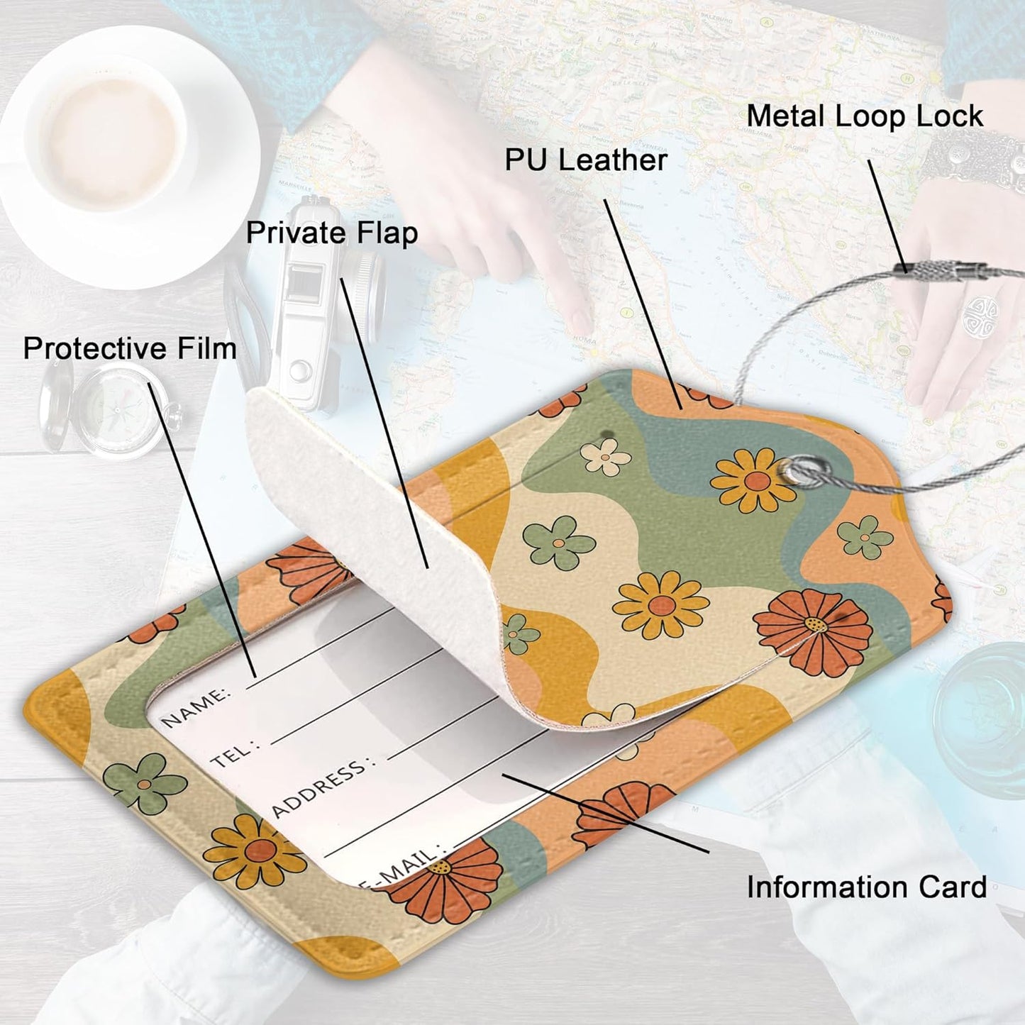 2 Pack Leather Luggage Tag for Suitcase Groovy Hippie Flower Retro Boho Dasiy Unique Travel Tags with Privacy Cover ID Label & Stainless Steel Loop for Men and Women Baggage