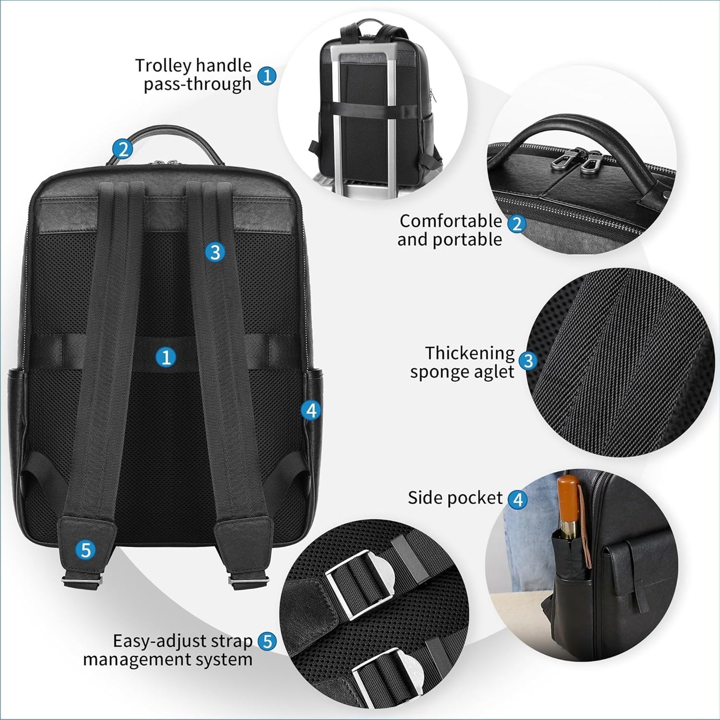 Men's Black Leather Backpack, Durable Genuine Leather Laptop Backpack for Work Travel, Business 15.6" Computer Backpack, Stylish Professional Designer