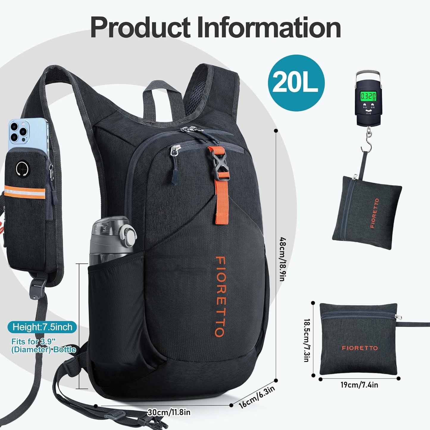 FIORETTO 20L Hiking Backpack for Women Men Mini Packable Backpack Lightweight Small Daypack for Camping Travel Outdoor, Black