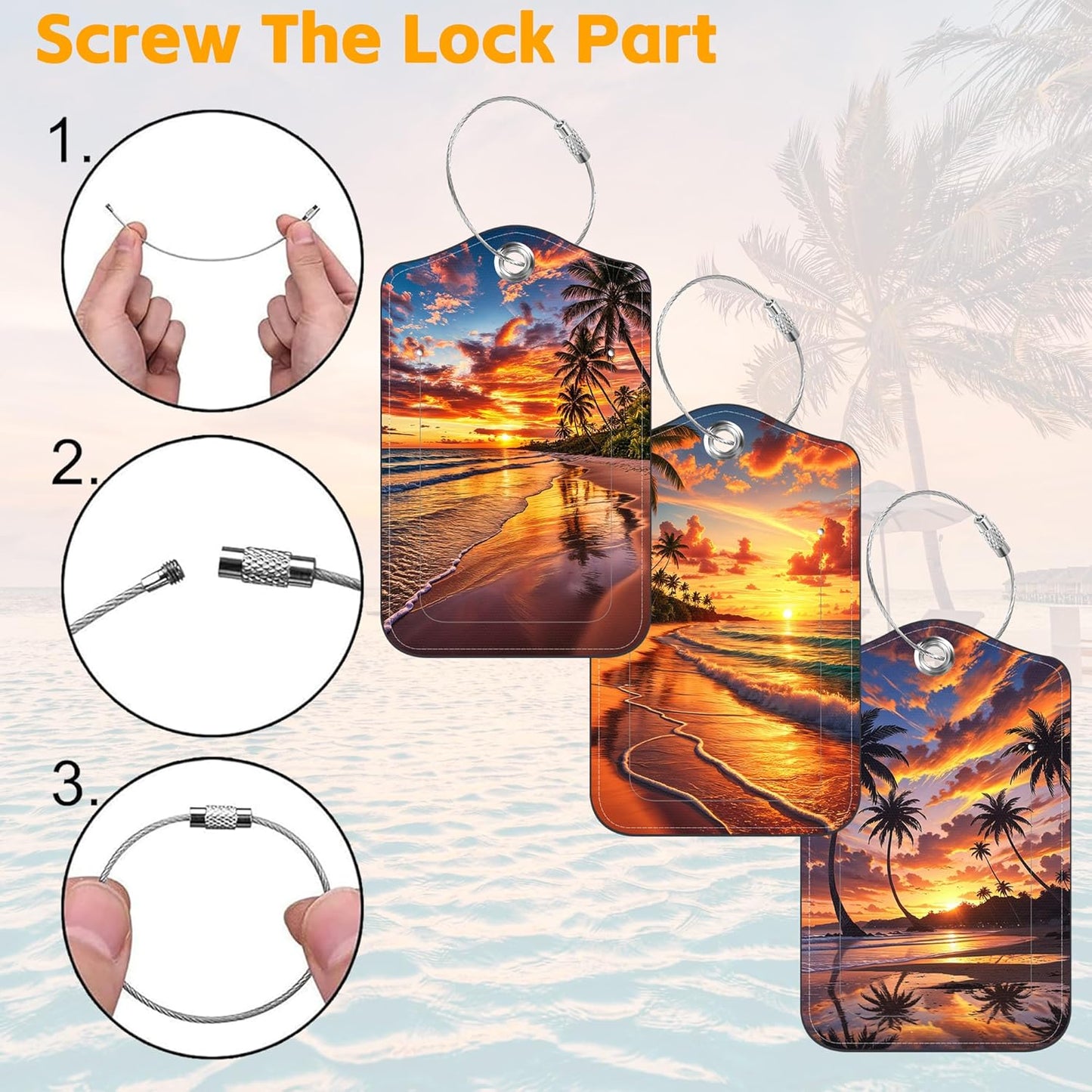 Luggage Tags for Suitcase 3 PCS Sunset Beach Coconut Trees Leather Travel Luggage Tag with Stainless Steel Loop Name ID Label Privacy Cover for Women Men Travel