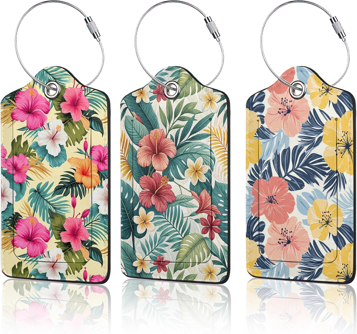 Hawaiian Luggage Tag for Suitcase,Tropical Palm Leaves Design with Privacy Flap Name ID Label Metal Loop, 3 Pack